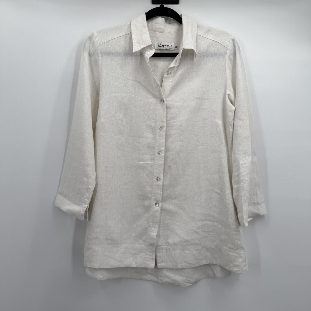 iLinen Shirt Womens Small Ivory Linen‎ Sparkle Button Tunic Lagenlook Minimalist